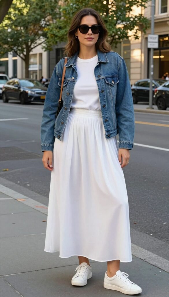 A woman wearing a white maxi skirt with a denim jacket and basic tee, styled with sneakers and accessories for a casual summer outfit.