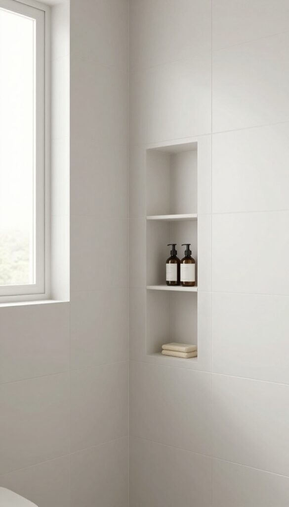 A small bathroom shower with built-in niches for storage, featuring clean tiles and natural light to create an open, uncluttered look.