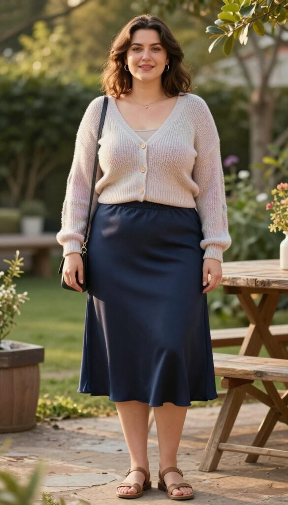 A woman wearing a lightweight knit cardigan and satin slip skirt outfit for a cozy summer evening, styled with strappy sandals and a mini shoulder bag, posing in an outdoor setting with natural light.