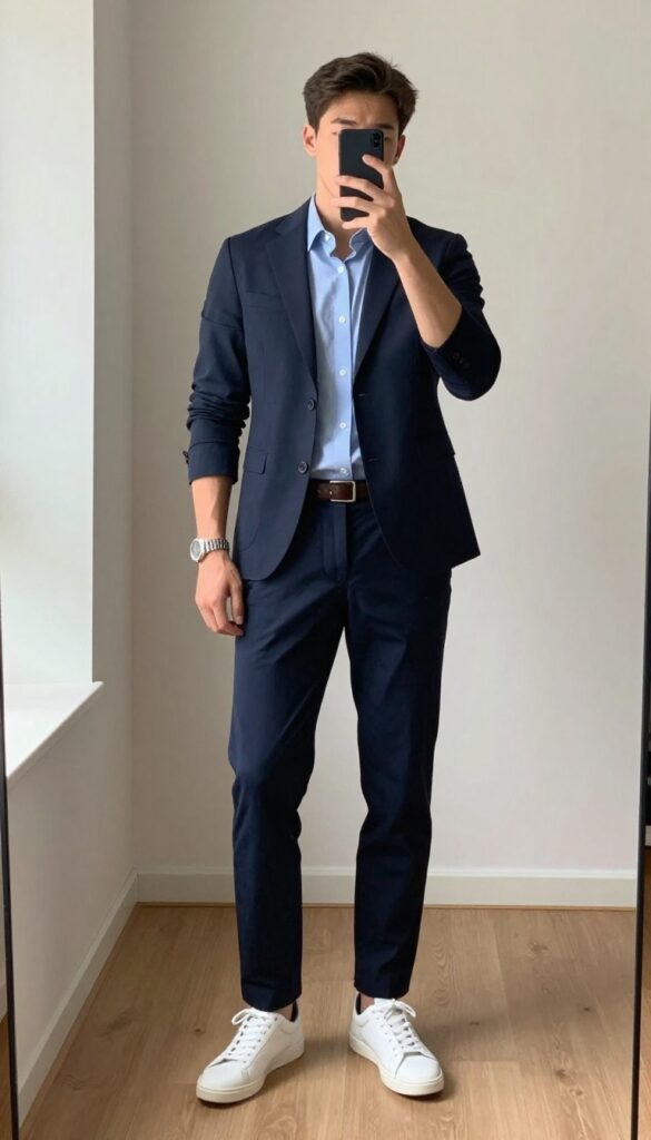 A man in a navy blazer, light blue button-down, and dark chinos with white sneakers takes a mirror selfie in a bright, minimalist room.