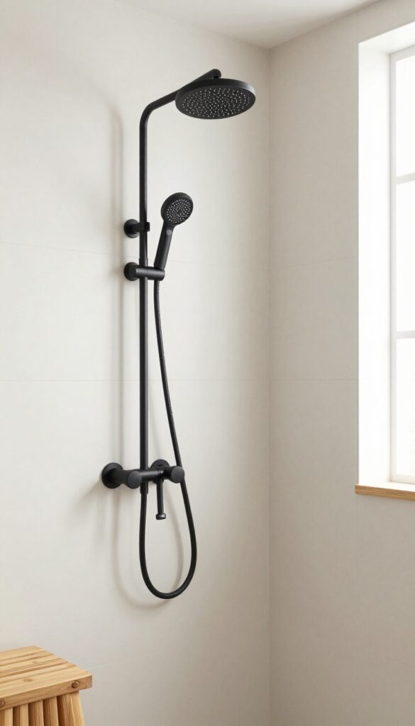 A modern bathroom shower featuring black matte fixtures against light-colored tiles, with natural wood accents and bright natural lighting.