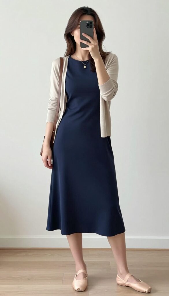 Woman in a midi dress and lightweight cardigan taking a mirror selfie, showcasing a comfy business casual outfit.