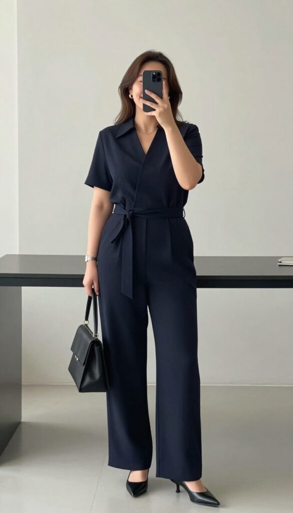 Plus-size woman in a structured navy jumpsuit with a belted waist, pointed-toe heels, and a structured handbag, posing in a bright office setting.