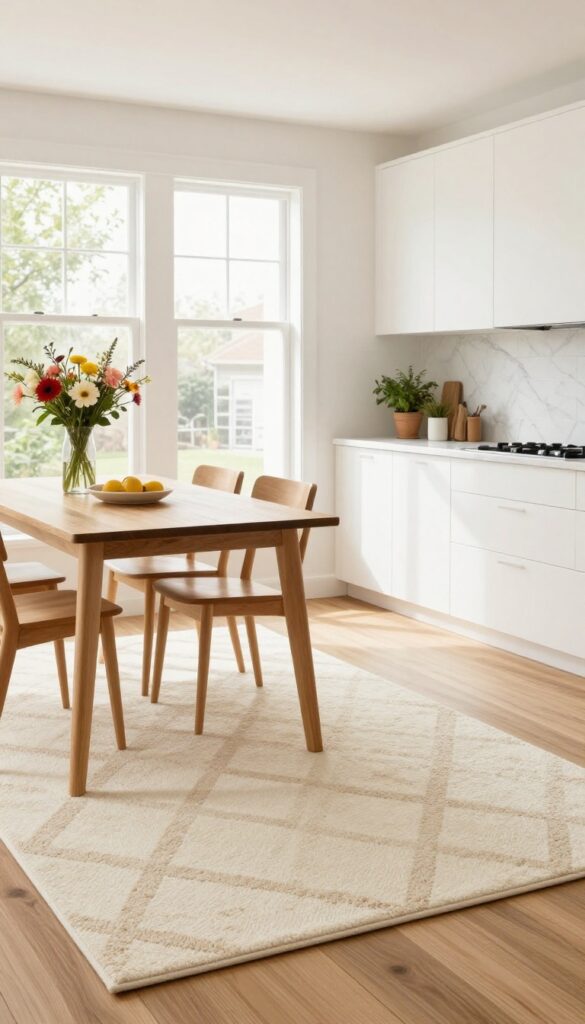 Modern kitchen with a soft geometric rug under a small dining table, adding warmth and texture to the space.
