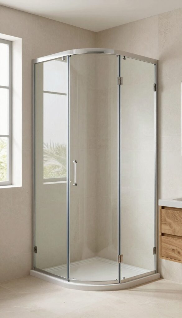 A curved glass shower door in a bright, spacious bathroom with natural light, showcasing a gentle arc and minimal framing to soften the geometry and create a seamless, inviting transition into the shower space.
