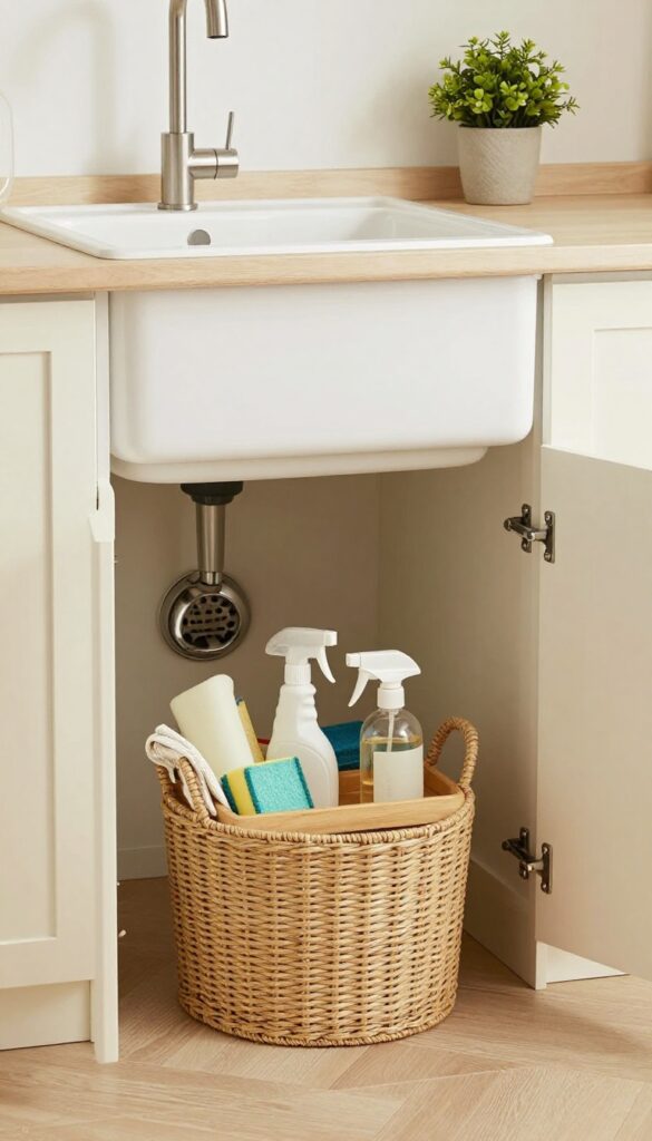 Organized under-sink storage with a woven basket and wooden tray holding soap and towel