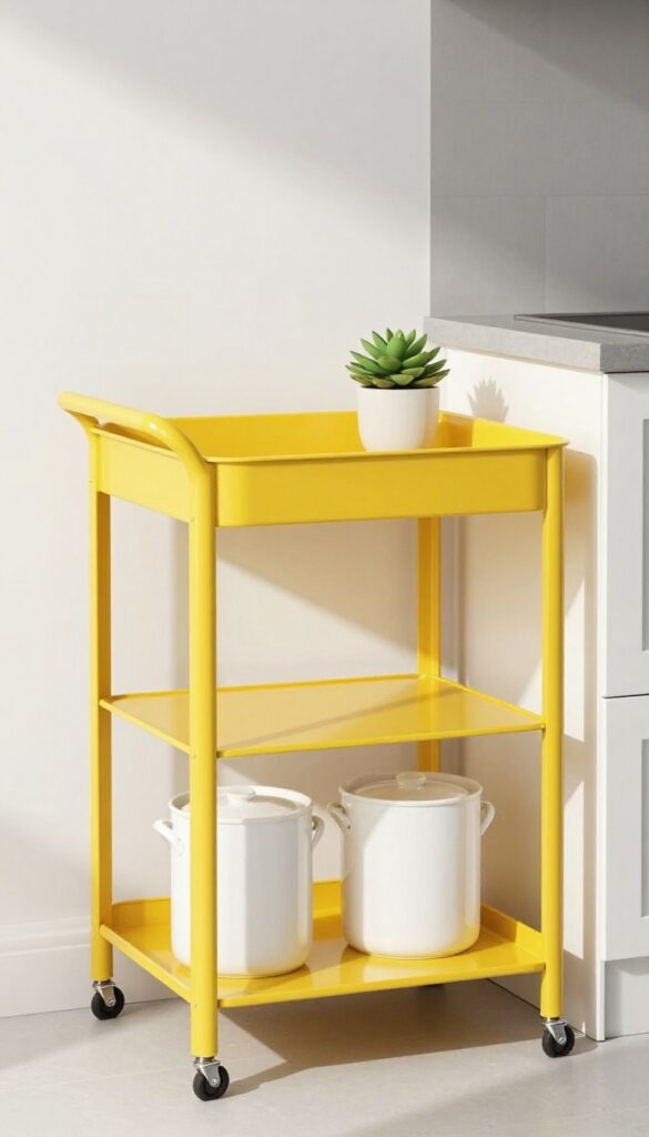 Bright yellow kitchen trolley in modern white kitchen with minimal accessories
