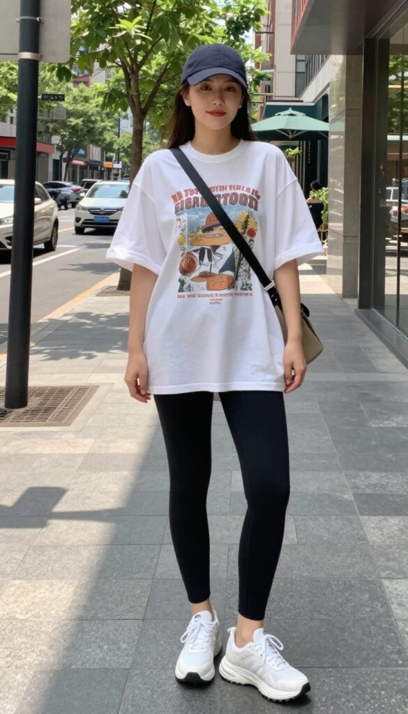 A woman wearing a vintage-style graphic tee with black leggings and white sneakers for a casual summer outfit, styled with a crossbody bag and optional baseball cap in a bright outdoor setting.