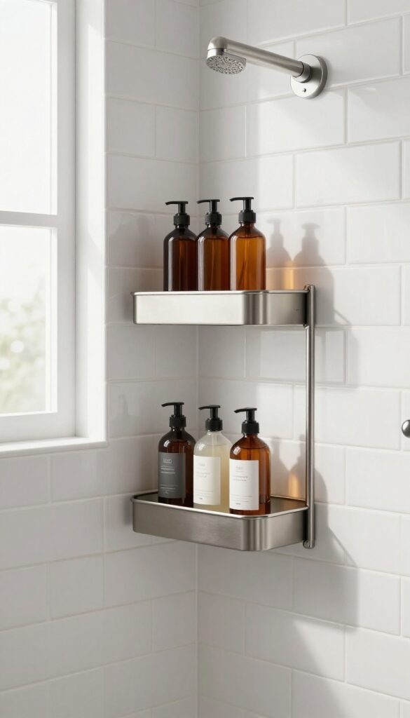 Small bathroom shower corner with a metal corner caddy matching brushed nickel hardware, holding amber glass bottles.