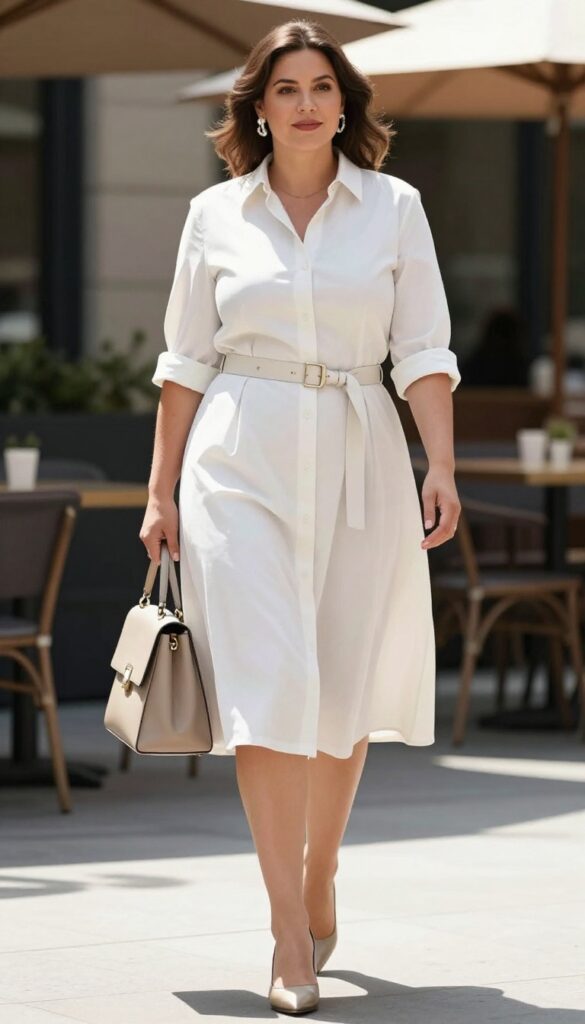 A midsize or curvy woman in a structured shirt dress with a belt, heels, and structured accessories, styled for a summer formal outfit in a bright outdoor setting.