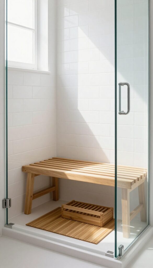 Small shower room with teak wooden bench, white tiles, and natural light