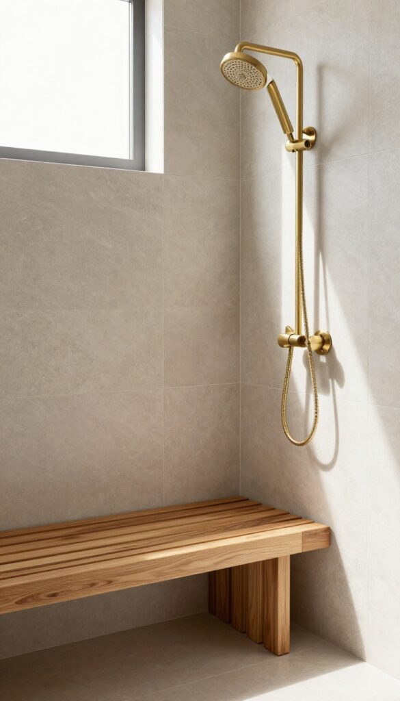 Walk-in shower with a teak bench in the corner, natural light, brushed brass fixtures, and stone tiles.
