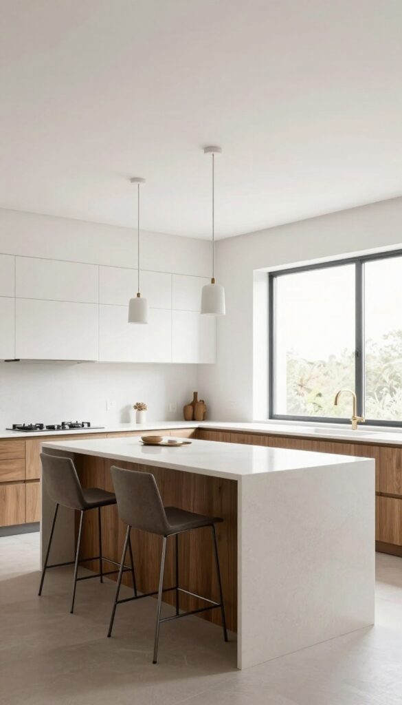 Modern open-concept kitchen with quartz and dark oak island, bar stools, and pendant lights in bright natural light