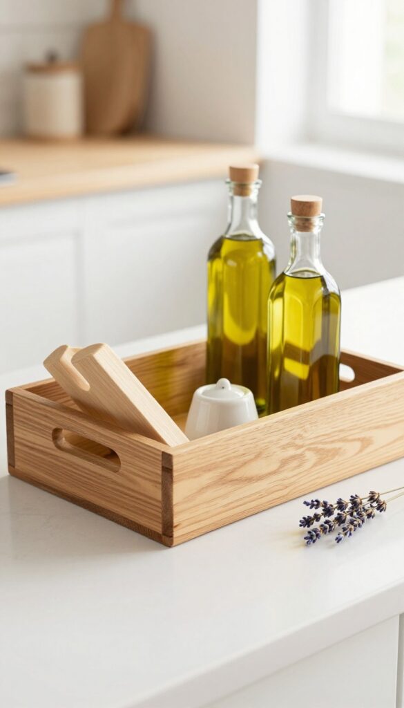 Wooden crate tray with oils and lavender on a kitchen counter