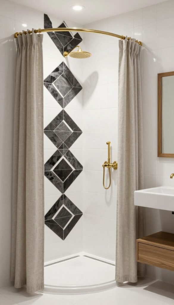 Modern bathroom shower with black and white geometric diamond accent wall, white tiles, curved shower rod with linen curtains, brass fixtures, and wood-framed mirror.