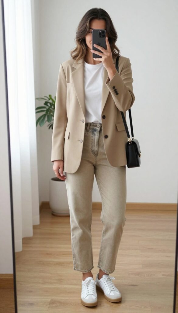 Midsize woman in a beige blazer, white tee, straight jeans, and white sneakers, taking a mirror selfie in a bright room.