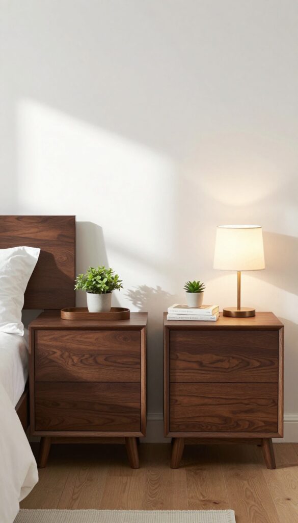 Two matching dark brown wooden nightstands beside a bed in a cozy bedroom, featuring lamps, plants, and minimal decor for balanced symmetry and functional storage.