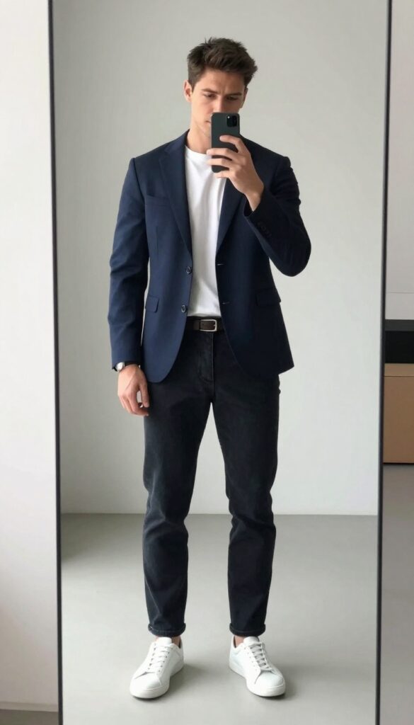 Man in navy blazer and white t-shirt with dark jeans and sneakers, taking a mirror selfie in an urban setting.