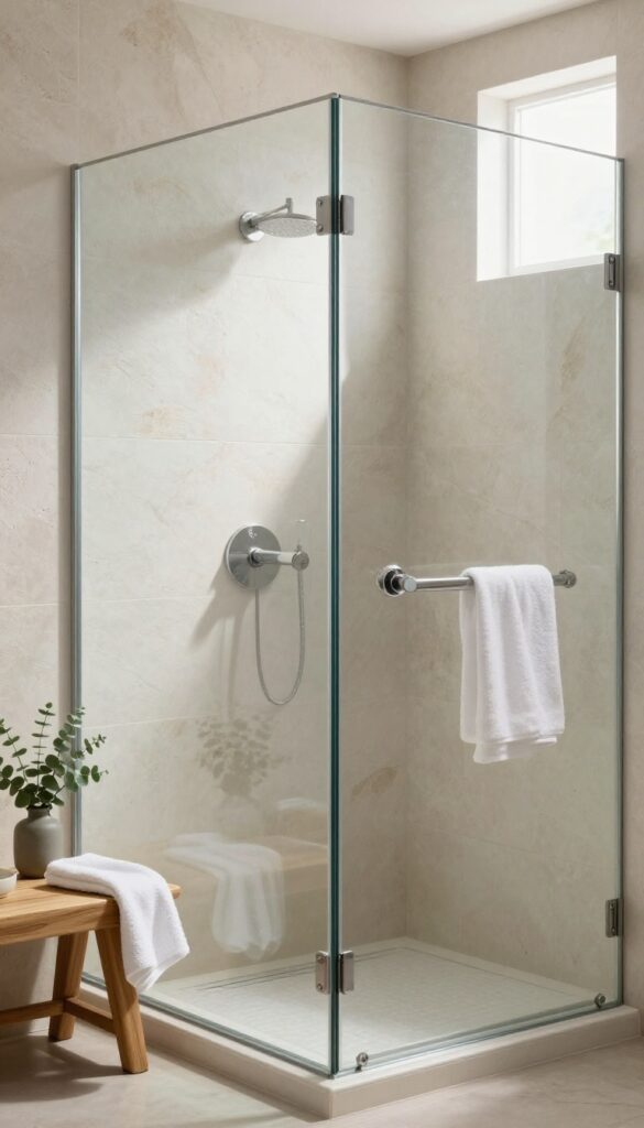 Walk-in shower with wooden bench and towel, natural light, spa-like atmosphere.