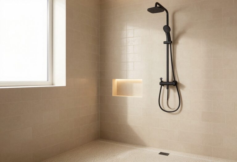 Cozy shower interior with warm beige subway tile, pebble floor, built-in niche with lighting, and matte black fixtures