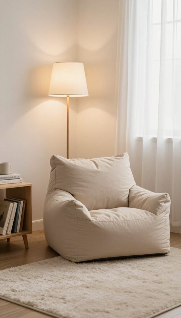 A cozy lounge corner in a teen boy's bedroom with bean bag chair, floor cushions, soft rug, side table with books, and floor lamp in bright natural light.