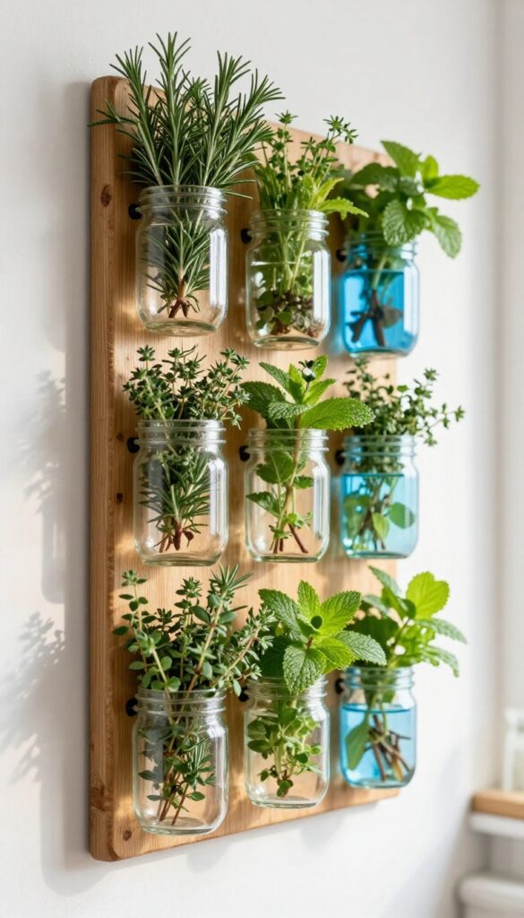 Mason jar herb wall on a wooden board in a sunny kitchen