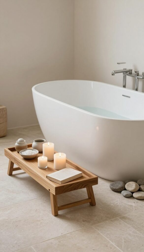 A Zen spa bathroom with a dedicated relaxation corner featuring a wooden bath tray beside a tub, holding candles and bath accessories for calm retreat inspiration.
