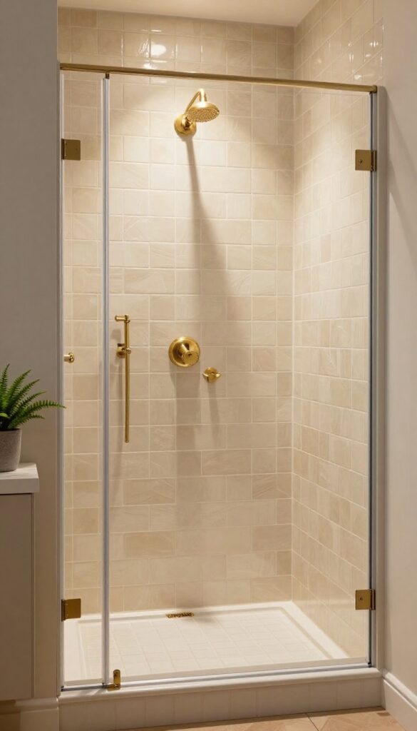 A serene walk-in shower featuring warm beige subway tiles in a herringbone pattern, with brass fixtures and built-in storage niches, illuminated by natural light for a timeless and calming bathroom design.