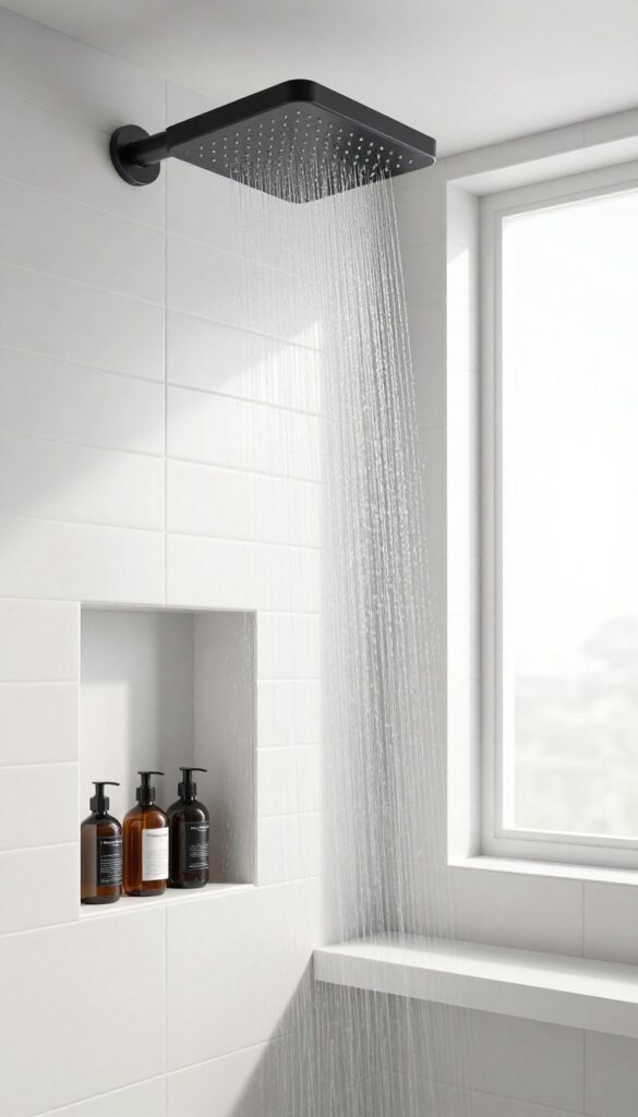 Modern bathroom shower with ceiling-mounted rainfall shower head in matte black finish, white subway tiles, built-in niche, and bench.