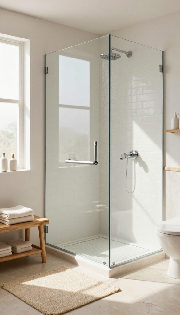 Frameless glass shower panel in bright bathroom with teak bench and warm textures