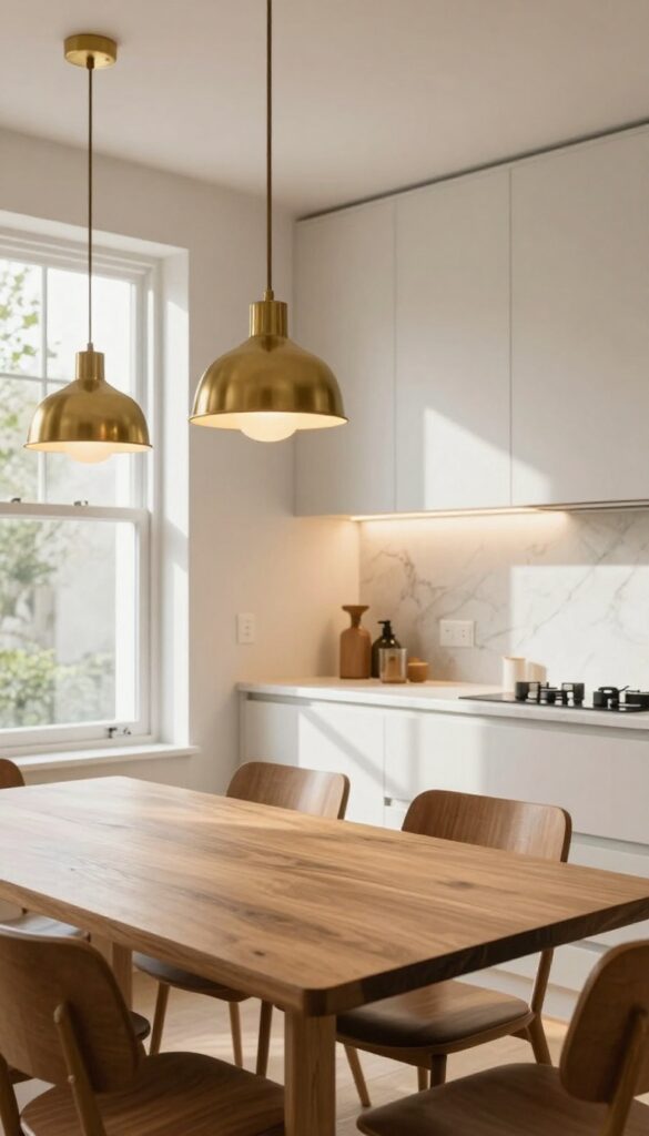 Open-plan kitchen diner with layered lighting: brass pendant lights over dining table and under-cabinet LED strips, warm natural light, marble countertops.