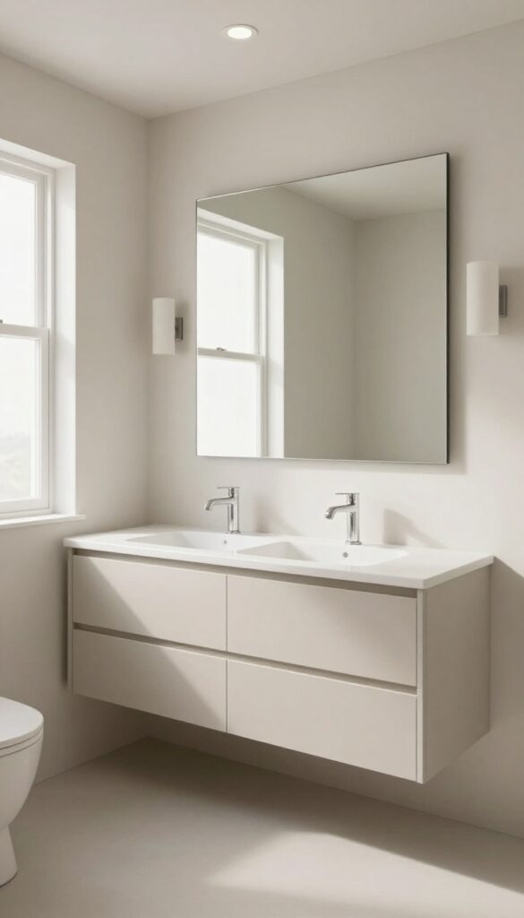 Bathroom with layered lighting featuring recessed ceiling fixtures and vanity sconces in bright natural light