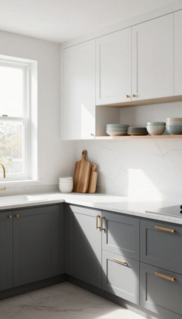 Kitchen with charcoal gray lower cabinets, white uppers, brass handles, and bright natural light