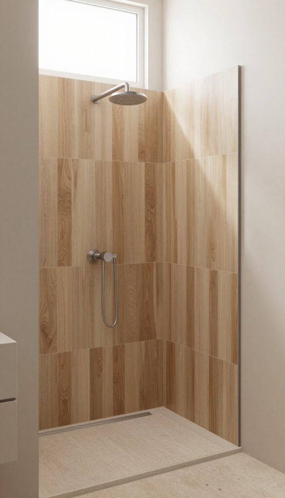 A bathroom shower with a wood tile accent wall behind the showerhead in bright natural light