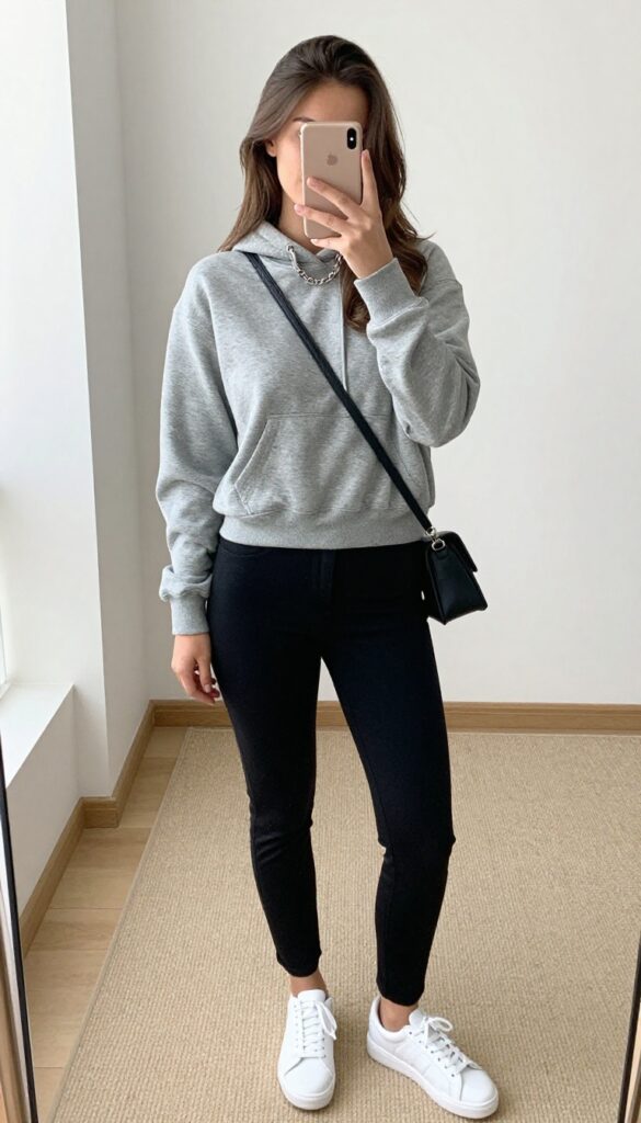 Woman in gray hoodie and black pants taking a mirror selfie, showcasing casual outfit with sneakers and crossbody bag.