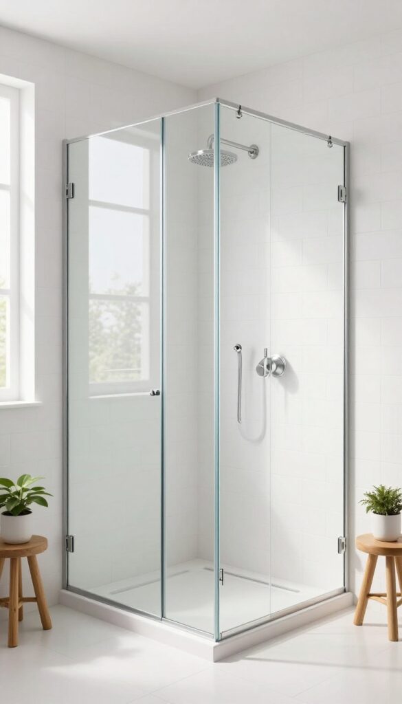 Bright bathroom with frameless glass shower enclosure and white tiles