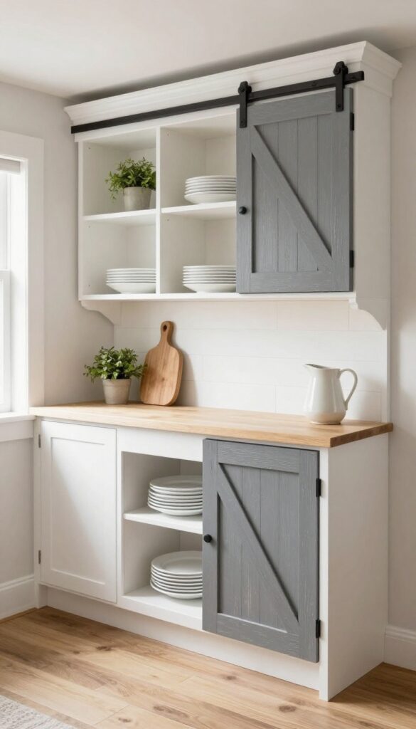 Kitchen hutch with sliding barn doors, open upper shelves, and rustic-chic style.