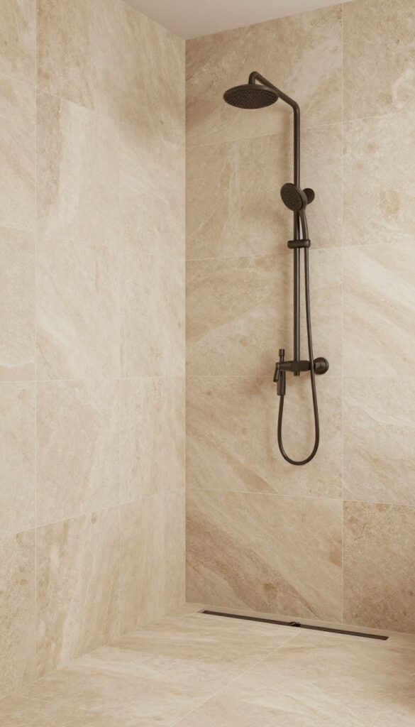 A master bathroom shower with natural stone tiles in slate or travertine, showcasing earthy textures and warm colors under bright natural light, designed for a cozy and clutter-free spa-like atmosphere.