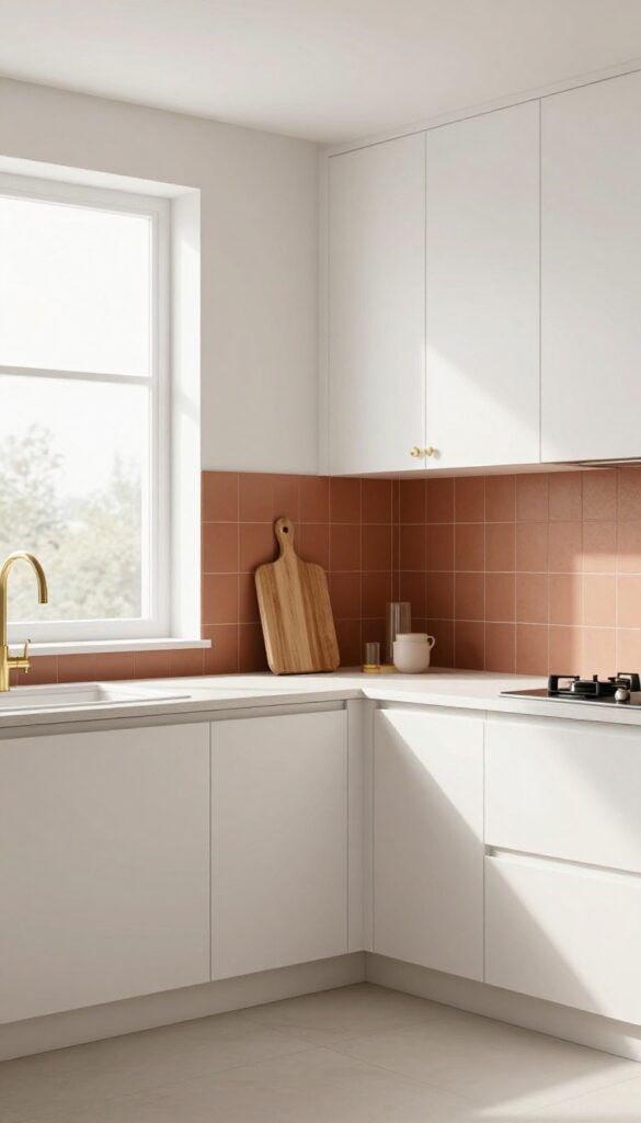 Modern kitchen with cream cabinets and terracotta tile backsplash, warm earthy tones, bright natural light