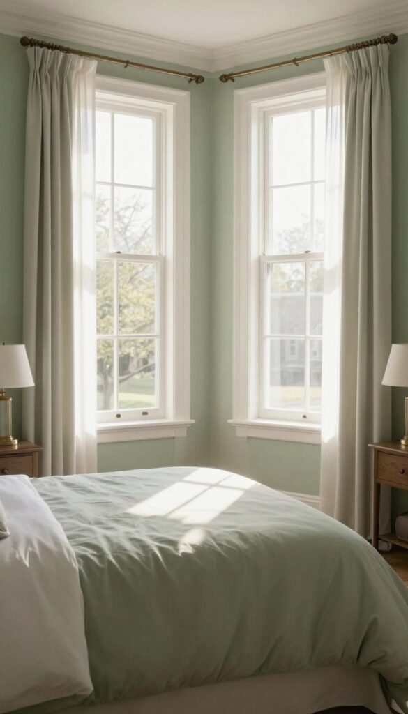 Bright bedroom with two windows and sage green walls, neutral bedding, and matching decor on both sides for balanced color.