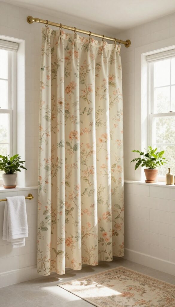 A vintage floral shower curtain in a bright bathroom with neutral tiles and brass fixtures