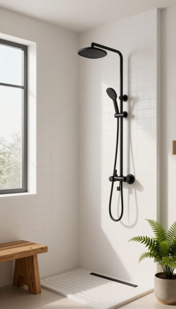 Safari-inspired shower with matte black fixtures, white subway tile, natural light, wooden bench, and fern.