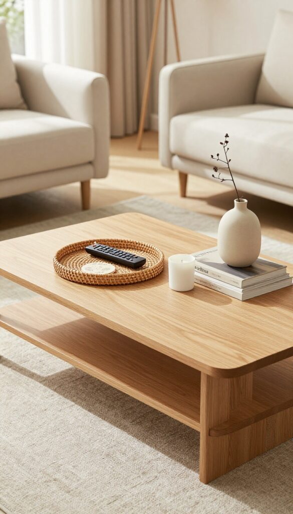 A styled coffee table with tray, books, candle, and vase in a bright living room.