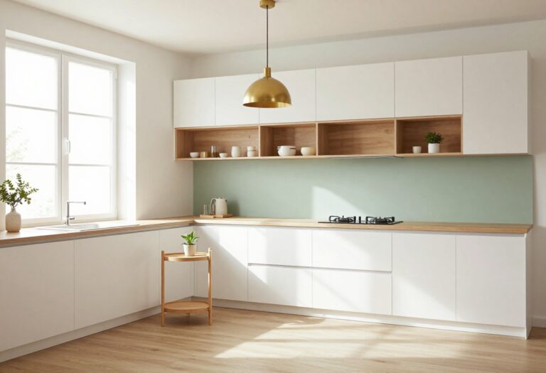 Modern single wall kitchen with white cabinets, open shelving, sage green backsplash, and gold pendant light