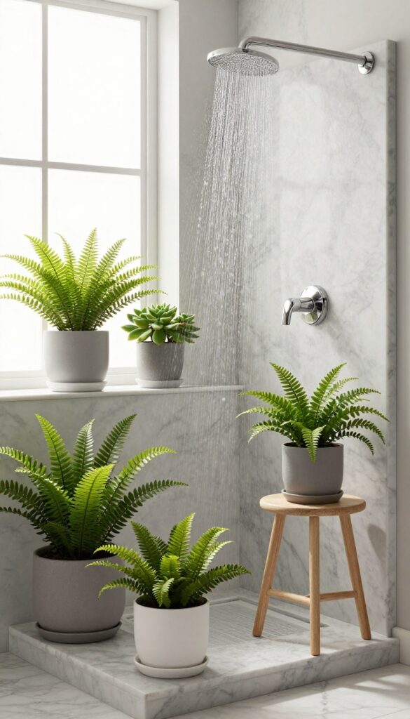 A marble walk-in shower with plants in water-resistant pots on a shelf, featuring ferns and succulents in neutral-toned containers under natural light.
