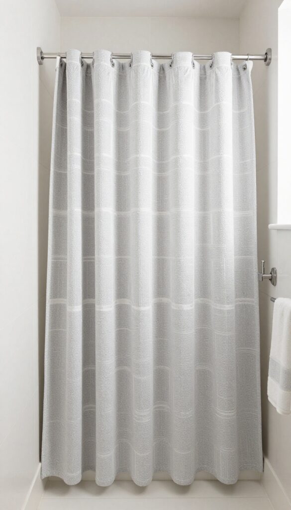 A small bathroom with a geometric patterned shower curtain that visually expands the space in bright natural light.