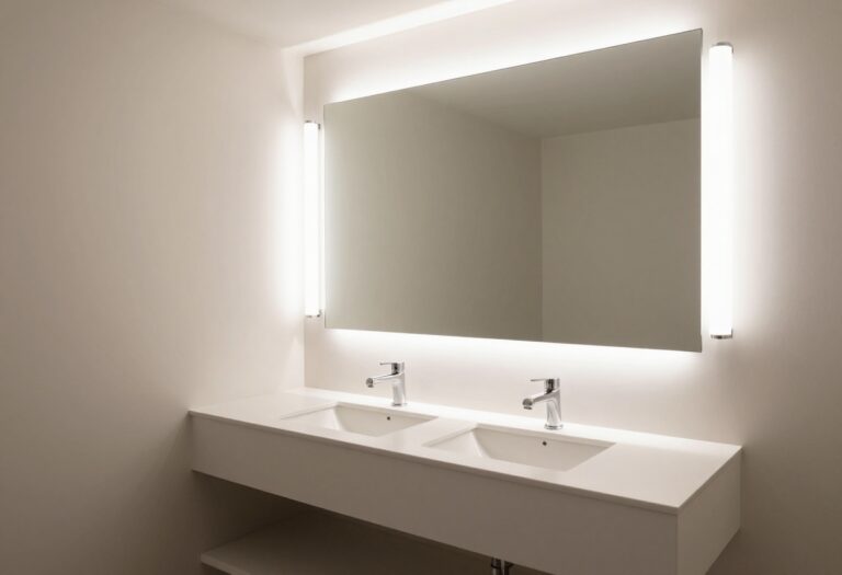 Modern bathroom vanity with vertical sconces on both sides of a mirror, showcasing flattering lighting in a clean, natural-lit setting.