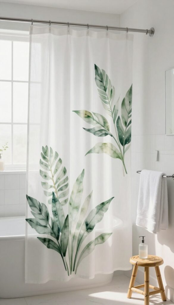 White shower curtain with hand-painted dark green leaves in a bright bathroom with bamboo stool and white towels.