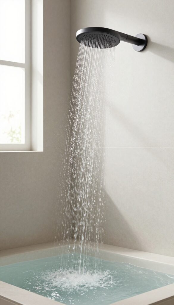 A modern bathroom shower featuring a sleek waterfall spout with cascading water, set in a serene, minimalist design with natural light and materials like stone and wood.