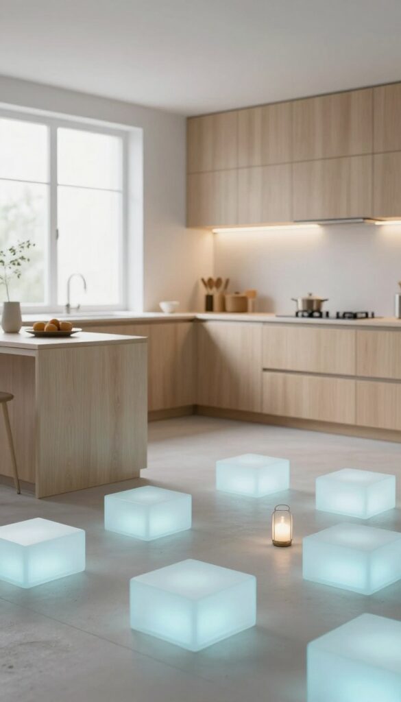 Modern kitchen with underfloor sea lantern lighting creating a soft blue glow through glass blocks